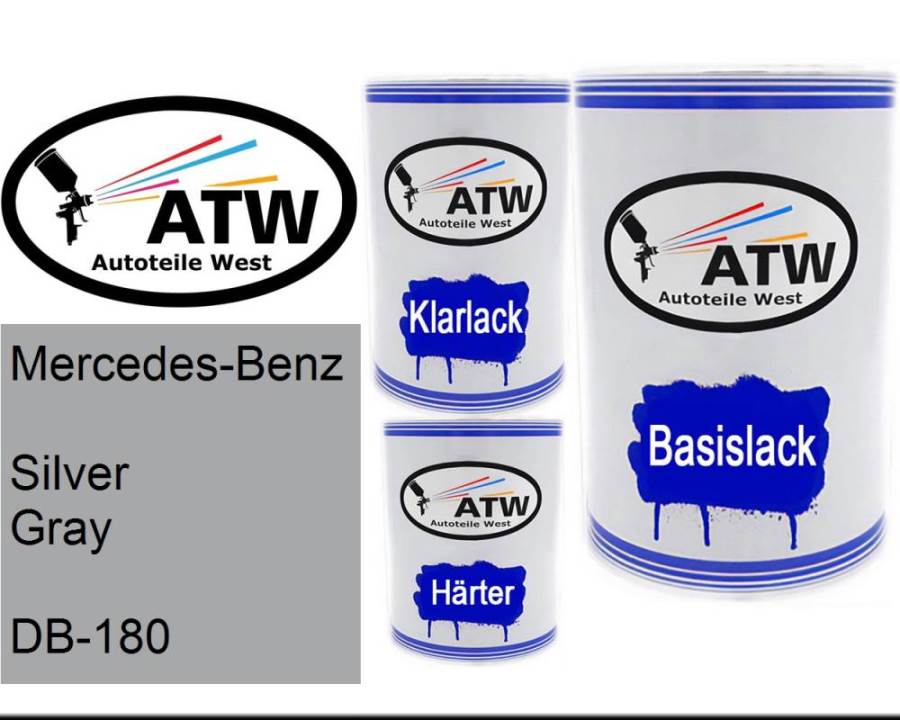 Mercedes-Benz, Silver Gray, DB-180: 500ml Lackdose + 500ml Klarlack + 250ml Härter - Set, von ATW Autoteile West.